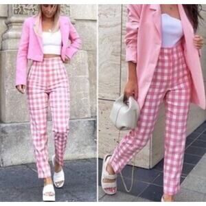 Zara Pink White Gingham Picnic Ankle Pants Retro Size Small Easter Spring